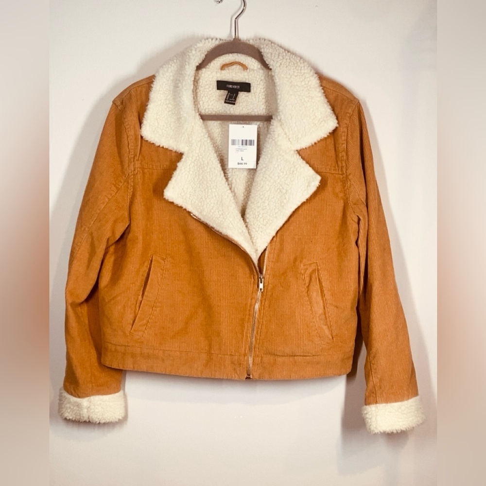 NEW Corduroy Sherpa Lined Moto Jacket in Camel size Large Coat